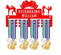 Blitz Craft Personalised Kickboxing Medal Holder - Custom Text Display Rack - Kickboxer Silhouette Design - 5mm Acrylic Medal Holder for Wall - Martial Arts Gifts for Kids & Fighters - Red