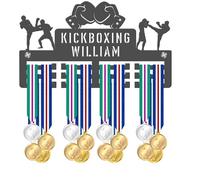 Blitz Craft Personalised Kickboxing Medal Holder - Custom Text Display Rack - Kickboxer Silhouette Design - 5mm Acrylic Medal Holder for Wall - Martial Arts Gifts for Kids & Fighters - Dark Grey