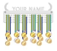 Blitz Craft Personalised Medal Holder - Custom Name Display Rack - Custom Text Laurel Wreath Design - 5mm Acrylic Medal Holder for Wall - Victory Gifts for Boys, Girls, Kids & Teams - White