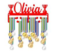 Blitz Craft Personalised Medal Holder Display Rack - Custom Name Dual Trophy Icons Design - Heavy Duty 5mm Acrylic Medal Hanger for Wall - Universal Sports Gifts for Winners & Teams - Red
