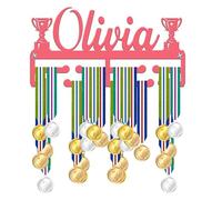 Blitz Craft Personalised Medal Holder Display Rack - Custom Name Dual Trophy Icons Design - Heavy Duty 5mm Acrylic Medal Hanger for Wall - Universal Sports Gifts for Winners & Teams - Pink