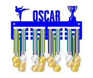 Blitz Craft Personalised Medal Holder Display Rack - Male Martial Arts Design - Custom Name Heavy Duty 5mm Acrylic Medal Hanger for Wall - Karate, Taekwondo & Judo Gifts - Royal Blue
