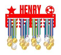 Blitz Craft Personalised Medal Holder Display Rack - Star & Football Design - Custom Name Heavy Duty 5mm Acrylic Medal Hanger for Wall - Youth Soccer & Football Player Gifts - Red
