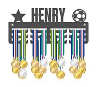 Blitz Craft Personalised Medal Holder Display Rack - Star & Football Design - Custom Name Heavy Duty 5mm Acrylic Medal Hanger for Wall - Youth Soccer & Football Player Gifts - Dark Grey