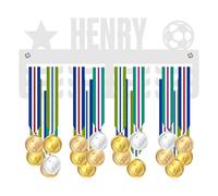 Blitz Craft Personalised Medal Holder Display Rack - Star & Football Design - Custom Name Heavy Duty 5mm Acrylic Medal Hanger for Wall - Youth Soccer & Football Player Gifts - White