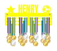 Blitz Craft Personalised Medal Holder Display Rack - Star & Football Design - Custom Name Heavy Duty 5mm Acrylic Medal Hanger for Wall - Youth Soccer & Football Player Gifts - Yellow