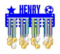 Blitz Craft Personalised Medal Holder Display Rack - Star & Football Design - Custom Name Heavy Duty 5mm Acrylic Medal Hanger for Wall - Youth Soccer & Football Player Gifts - Royal Blue