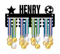 Blitz Craft Personalised Medal Holder Display Rack - Star & Football Design - Custom Name Heavy Duty 5mm Acrylic Medal Hanger for Wall - Youth Soccer & Football Player Gifts - Black