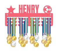Blitz Craft Personalised Medal Holder Display Rack - Star & Football Design - Custom Name Heavy Duty 5mm Acrylic Medal Hanger for Wall - Youth Soccer & Football Player Gifts - Pink