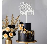 Blitz Craft Personalised Mr and Mrs Wedding Cake Topper, Custom Surname and Date Geometric Heart Design, 3mm Wooden MDF, 17x14cm, Rustic Party Decoration for Engagement, Anniversary - White