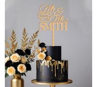 Blitz Craft Personalised Mr and Mrs Wedding Cake Topper, Custom Surname and Date Geometric Heart Design, 3mm Wooden MDF, 17x14cm, Rustic Party Decoration for Engagement, Anniversary - Natural Wood