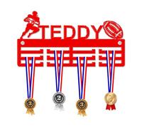 Blitz Craft Personalised Rugby Ball Medal Hanger Display Rack Frame for Awards Ribbons 3mm Acrylic | Sturdy 3 Row Wall Mounted Medals Holder | Perfect to Display Your Hand Earned Medals-Red