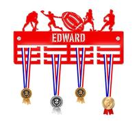 Blitz Craft Personalised Rugby Medal Hanger Display Rack Frame for Awards Ribbons 3mm Acrylic | Sturdy 3 Row Wall Mounted Medals Holder | Perfect to Display Your Hand Earned Medals-Red