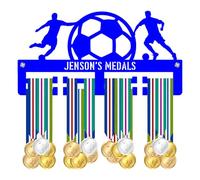 Blitz Craft Personalised Soccer Medal Holder Display Rack - Custom Name Football Players Design - Heavy Duty 5 mm Acrylic Medal Hanger for Wall - Boys & Girls Sports Gifts - Royal Blue