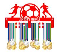 Blitz Craft Personalised Soccer Medal Holder Display Rack - Custom Name Football Players Design - Heavy Duty 5 mm Acrylic Medal Hanger for Wall - Boys & Girls Sports Gifts - Red