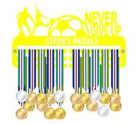 Blitz Craft Personalised Soccer Medal Holder Display Rack - Custom Name & Never Give Up Quote - Heavy Duty 5 mm Acrylic Medal Hanger for Wall - Motivational Football Gifts for Kids - Yellow