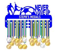 Blitz Craft Personalised Soccer Medal Holder Display Rack - Custom Name & Never Give Up Quote - Heavy Duty 5 mm Acrylic Medal Hanger for Wall - Motivational Football Gifts for Kids - Royal Blue