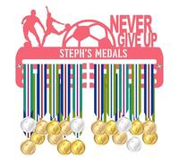 Blitz Craft Personalised Soccer Medal Holder Display Rack - Custom Name & Never Give Up Quote - Heavy Duty 5 mm Acrylic Medal Hanger for Wall - Motivational Football Gifts for Kids - Pink