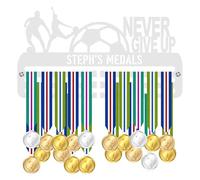 Blitz Craft Personalised Soccer Medal Holder Display Rack - Custom Name & Never Give Up Quote - Heavy Duty 5 mm Acrylic Medal Hanger for Wall - Motivational Football Gifts for Kids - White