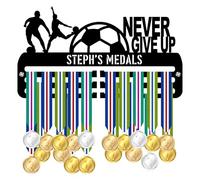 Blitz Craft Personalised Soccer Medal Holder Display Rack - Custom Name & Never Give Up Quote - Heavy Duty 5 mm Acrylic Medal Hanger for Wall - Motivational Football Gifts for Kids - Black
