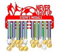 Blitz Craft Personalised Soccer Medal Holder Display Rack - Custom Name & Never Give Up Quote - Heavy Duty 5 mm Acrylic Medal Hanger for Wall - Motivational Football Gifts for Kids - Red