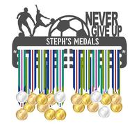 Blitz Craft Personalised Soccer Medal Holder Display Rack - Custom Name & Never Give Up Quote - Heavy Duty 5 mm Acrylic Medal Hanger for Wall - Motivational Football Gifts for Kids - Dark Grey