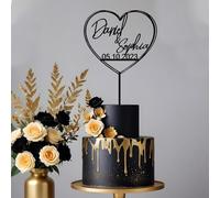 Blitz Craft Personalised Wedding Cake Topper, Custom Couples Names & Date Heart, 3mm Wooden MDF, 17x14cm, Cake Decoration | Mr and Mrs Engagement Party, Anniversary Centrepiece - Black