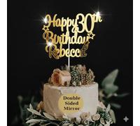 Blitz Craft Personalized Happy Birthday Cake Topper - Custom Name Acrylic Star Sign Party Decoration, Heavy Duty 5mm Acrylic Double Sided Mirror Cursive Milestone Banner Print - Red