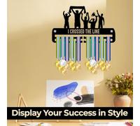 Blitz Craft Running Medal Holder Display Rack - I Crossed The Line Celebration Design - Heavy Duty 5mm Thick Acrylic Medal Hanger for Wall - Marathon Gifts for Runners & Athletes - Black