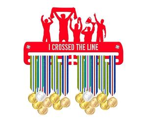 Blitz Craft Running Medal Holder Display Rack - I Crossed The Line Celebration Design - Heavy Duty 5mm Thick Acrylic Medal Hanger for Wall - Marathon Gifts for Runners & Athletes - Red