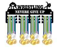 Blitz Craft Wrestling Medal Holder Display Rack - Never Give Up Grappling Design Fixed Text Design - Heavy Duty 5mm Acrylic Medal Hanger for Wall - Sports Gifts for Boys & Men - Black