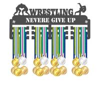 Blitz Craft Wrestling Medal Holder Display Rack - Never Give Up Grappling Design Fixed Text Design - Heavy Duty 5mm Acrylic Medal Hanger for Wall - Sports Gifts for Boys & Men - Dark Grey