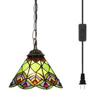 Blivuself Tiffany Pendant Light 8 Inch Green Peacock Tail Hanging Lamp Tiffany Stained Glass Hanging Light Fixture Height Adjustable Hanging Lights with 18 Feet Wire