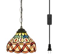 Blivuself Tiffany Pendant Light 8 Inches Stained Glass Hanging Lamp Wide Yellow Peacock Tail Height Adjustable Hanging Light for Home Living Dining Room Hallway Kitchen Island