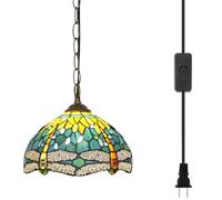 Blivuself Tiffany Pendant Light Fixtures Stained Glass Hanging Lamp 12 inch Antique Green Dragonfly Style Plug in Light for Home Kitchen Island Dining Living Room Hallway Counter Bar