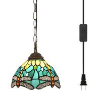 Blivuself Tiffany Pendant Light with 8 Inch Lampshade Green Dragonfly Style Hanging Light Fixture Handmade Stained Glass Hanging Lamp Height Adjustable for Kitchen Island Dining Room Hallway