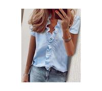 (BLL2016 DX Blue, L) Spring Summer Short Sleeve Womens Tops Shirts Casual Ruffles V-Neck Office Blouses Ladies Camisas De Mujer Elegant Women Shirts