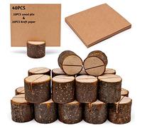 BLLREMIPSUR Rustic Real Wood Base, Place Card Holders with Wooden Bark Table Card Holder, Number Photo Stand Place Name Memo Card Holder for Wedding Party Decoration (20 Holders+20 Kraft Paper)