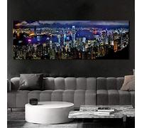 BLLXMX Landscape Canvas Paintings Posters and Prints Wall Art Hong Kong City Night Scene Pictures Living Room Home Decor-50x150cm Frameless, White