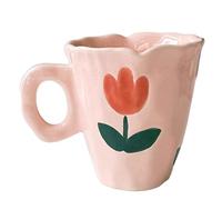 Blmirror Handmade Ceramic Mugs Hand Painted Tulip and Cloud Irregular Coffee Cup for Tea Milk Gifts Cup(Pink)