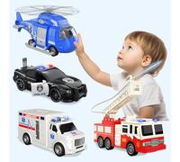 BLmukce 4 Pack Emergency Vehicle Toys Set, Friction Powered Fire Truck, Ambulance, Police Car & Helicopter with Lights & Sounds, Gift for Toddlers Kids Boys Girls Age 2-12 Years