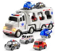 BLmukce 5 in 1 Ambulance Toddler Truck Toys for 3 4 5 6 Year Old Boys, Friction Powered Cars with Helicopter, Police Car, Fire Engine, Ambulance, Birthday Gifts for Girls Age 3-9