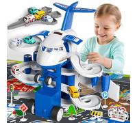 BLmukce Airplane Toy, Kids Race Track Car with Unique Spray Effect, Lights & Music, Friction Powered Wheel - Fun Educational Play Set for Boys and Girls Ages 3 4 5 6 Years Old (Blue)
