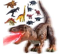 BLmukce Large Dinosaur Toys T-Rex with 10 Mini Dinosaurs Inside, Water Mist Spray & Red Beam, Roaring Sounds & Effects - Educational Toy Figure for Kids 3 4 5 6 Years Old Boys & Girls Brown