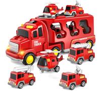 BLmukce Todder Truck Toys, 5 in 1 Fire Engine Trucks for Toddlers 1 2 3 Boys & Girls, Friction Power Car Carrier Transport Vehicle for Kids 4 5 6 Years Old with Light & Sound, Kids Birthday Gifts