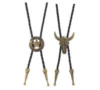 BLNC 2 Pcs Leather Tie Necktie Cow Skull Texas Ranger Star Chain for Men Rodeo Bolo Tie Necktie (Gold)