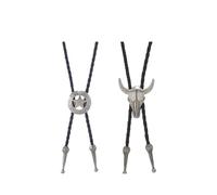 BLNC 2 Pcs Leather Tie Necktie Cow Skull Texas Ranger Star Chain for Men Rodeo Bolo Tie Necktie (Silver)