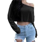 Blocac Womens Long Sleeve Shirts Off The Shoulder Tops Y2K Sexy Crop Top for Women Boat Neck Casual Loose Fit Going Out Tops., Black, M