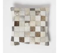 Block Check Grey Leather Cushion 45 x 45 cm