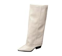 Block Heel Boots for Women Pointed Toe Black Fold Over Boots